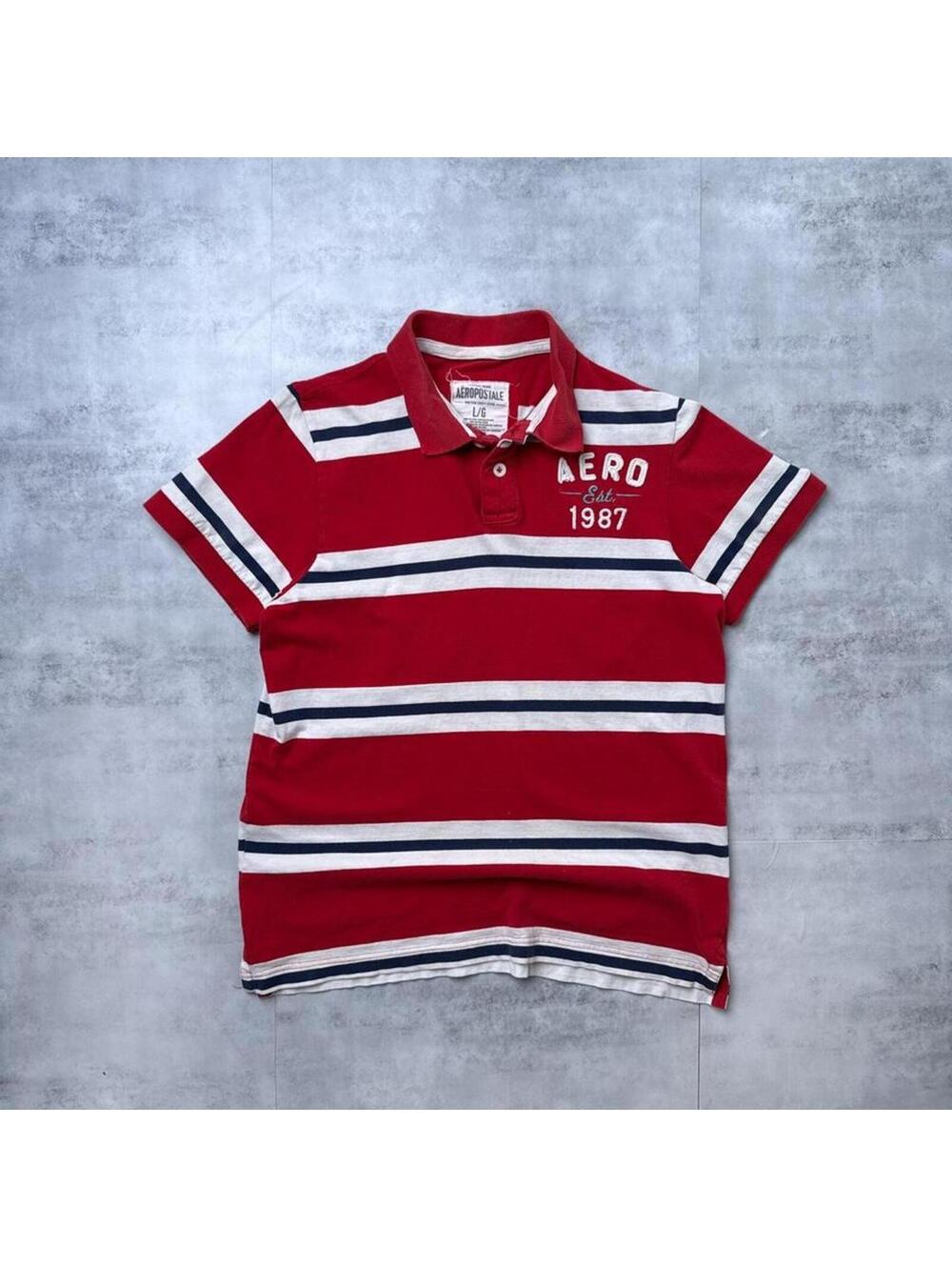 Y2K Aeropostale 00s Red Striped Grunge Polo Shirt